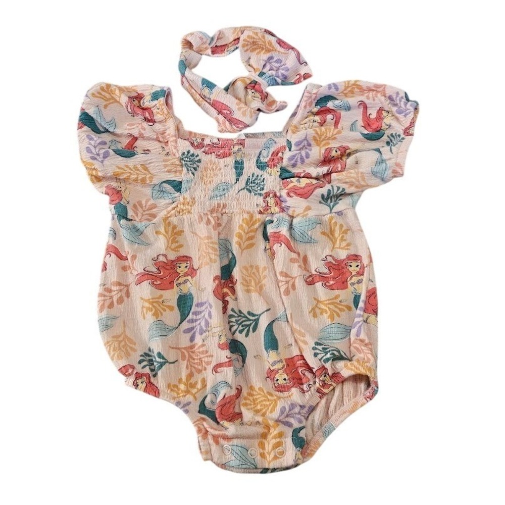 Disney Baby Little Mermaid Ariel Smocked Romper Headband Set Pink 18M